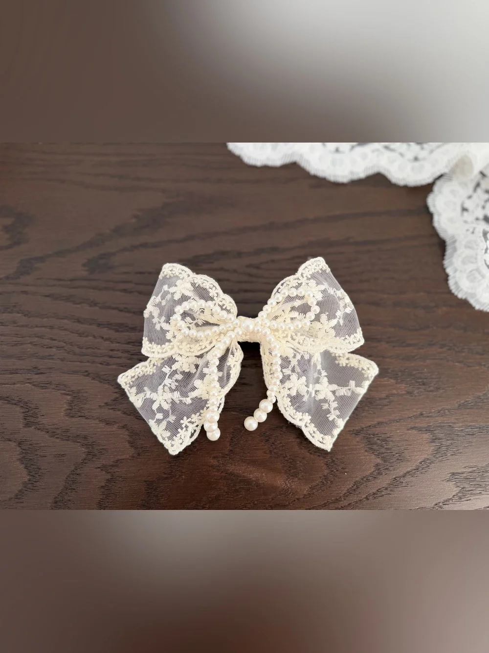 Handmade New Ivory Embroidered tulle Lace Bow Hair Clips